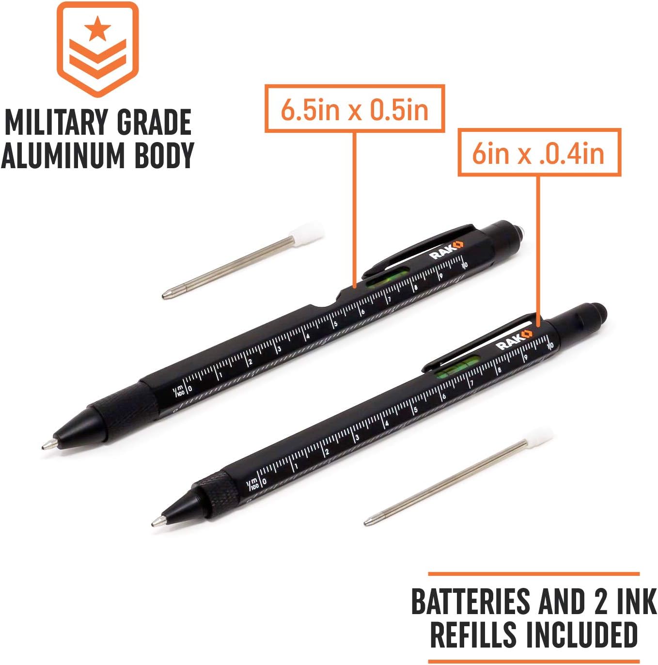 RAK Multi-Tool 2Pc Pen Set - LED Light, Touchscreen Stylus, Ruler, Level, Bottle Opener, Phillips Screwdriver, Flathead, and Ballpoint Pen - - 