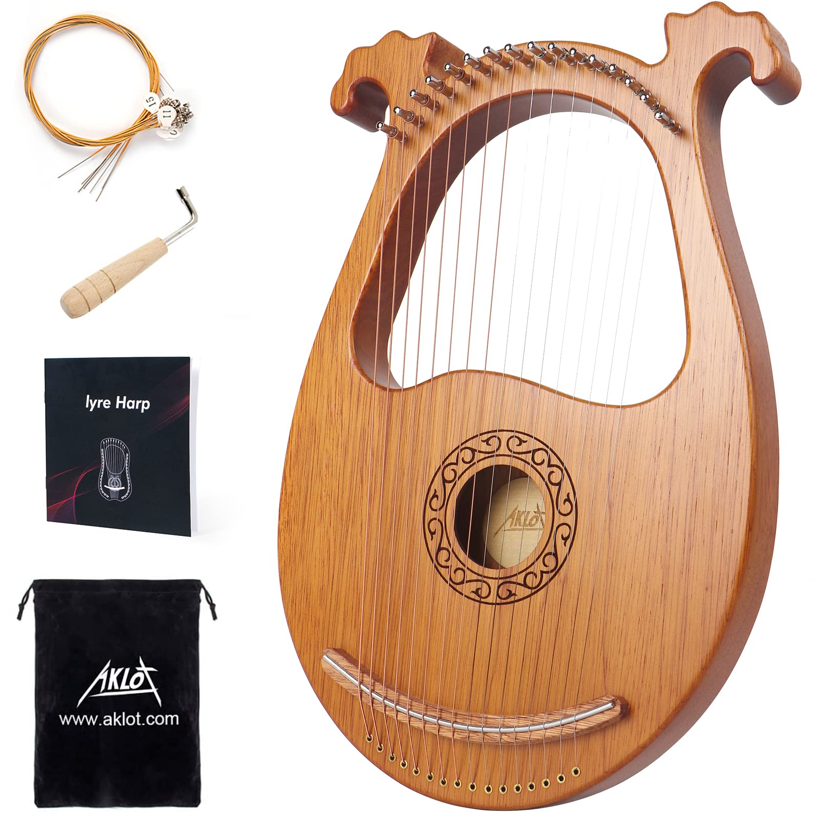 Aklot 16 String Lyre Harp,AKLOT Deer Smile lyras Harps Mahogany Body and Copper Saddle with Tuning Wrench Spare Strings Bag Manual