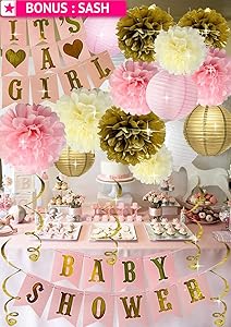Baby Shower Decorations for Girl Pink Gold Princess It's A Girl Banner Poms Lanterns Mom To Be Sash