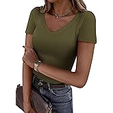 PRETTYGARDEN Women 2026 Spring Tops Trendy Ribbed Short Sleeve V Neck Fitted Basic Tee Shirts Casual Going Out Summer Outfits