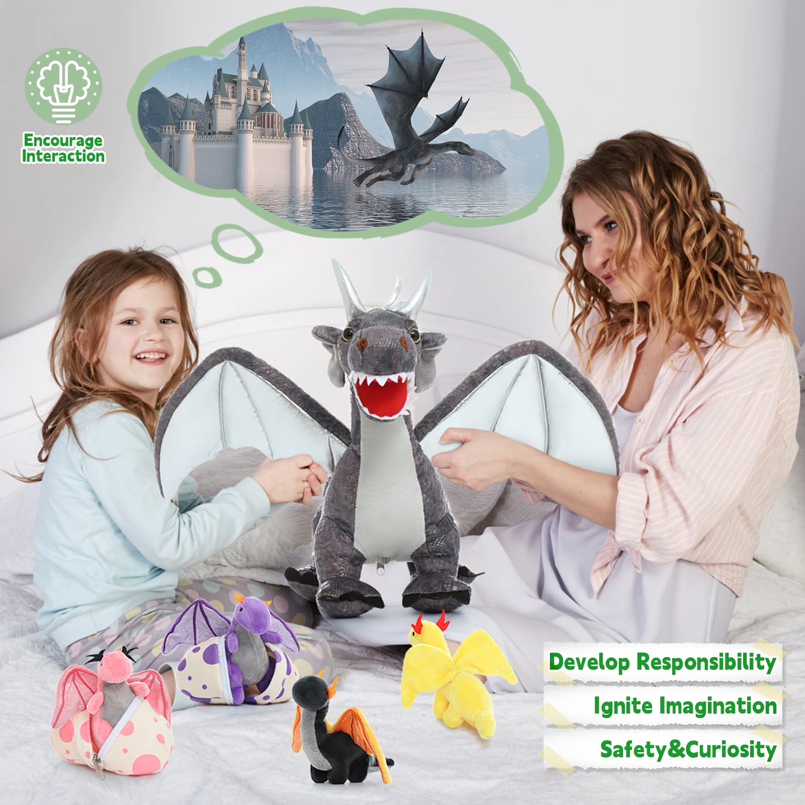 MorisMos 55cm Stehend Drache Kuscheltier mit Baby im Bauch, Grau Groß Plüschdrache Kuscheltiere XXL, Flauschiger Stofftier Plüschtier Dragor Dragon Teddys zum Spielen für Kinder 5