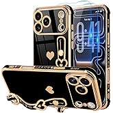 LLZ.COQUE Compatible with iPhone 17 Pro Max Case with Strap for Women Girls [2× Screen Protectors], Cute Love-Hearts, Wristband Kickstand Luxury Plating Edge Protective Phone Case (6.9") - Black