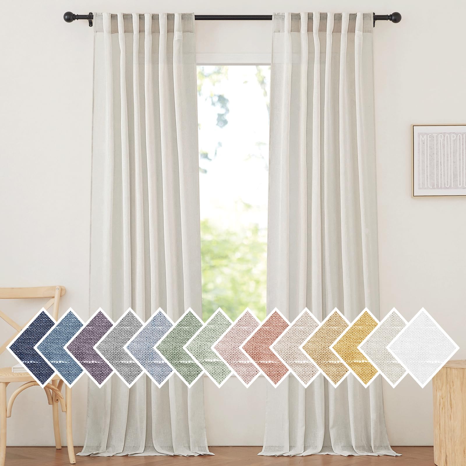 Photo 1 of NICETOWN Living Room Curtains 108 inch Length 2 Panels, Rod Pocket & Back Tab Linen Blend Privacy Semi Sheer with Light Filtering Window Treatments for Bedroom, Natural, W52 x L108, 2 Panels