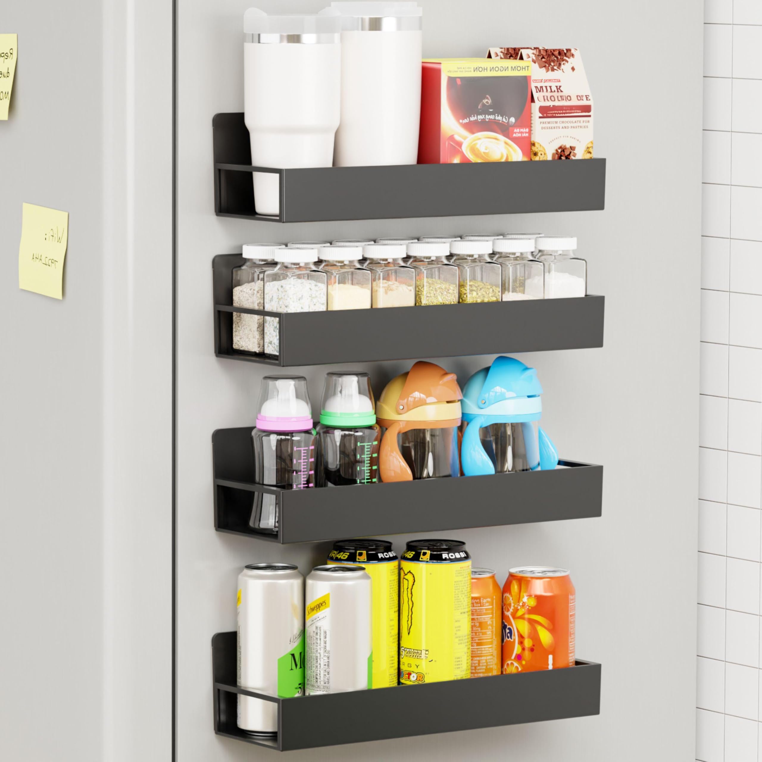 Photo 1 of 4 Pack Heavy Duty Magnetic Shelves for Side of Refrigerator,Seasoning and Spice Rack Magnetic for Fridge,with Adhesive Wall Mount Spice Rack,Magnet Shelf Storage for Small Kitchen Organization,Black