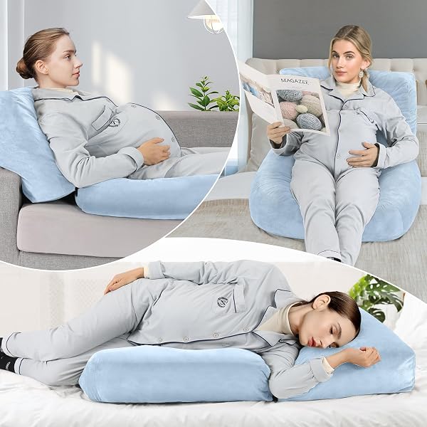 PREGNANCY PILLOW FOR STOMACH SLEEPERS, 45.3 INCH PREGNANCY MASSAGE PILLOW FULL BODY PILLOW WITH REMOVABLE COVER – SUPPORT FOR BACK, LEGS, BELLY, HIPS FOR PREGNANT WOMEN (LIGHT BLUE)