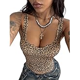 QJQ Women's Leopard Print Tank Tops Y2k Sexy Square Neck Cheetah Sleeveless Cropped Tee Shirt Workout Tops