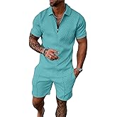MQUN Summer men short sets outfits 2 Piece Short Sleeve Polo Shirt Shorts Set men short sets outfits Casual Sport Suit