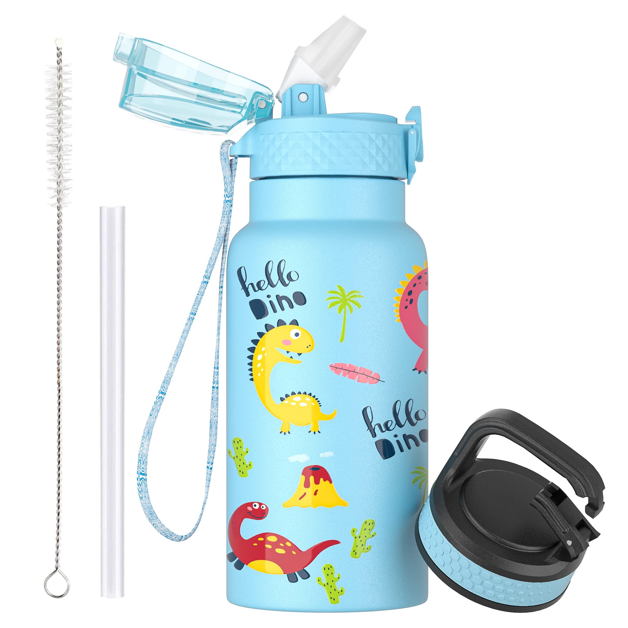OLDLEY 500ml/17oz Kids Stainless Steel Insulated Water Bottle with Straw Double Wall Metal Vacuum Leakproof Small Flask with 2 Different Lids Hot Cold Drinks for Kids Boys Girls (Dinosaur)
