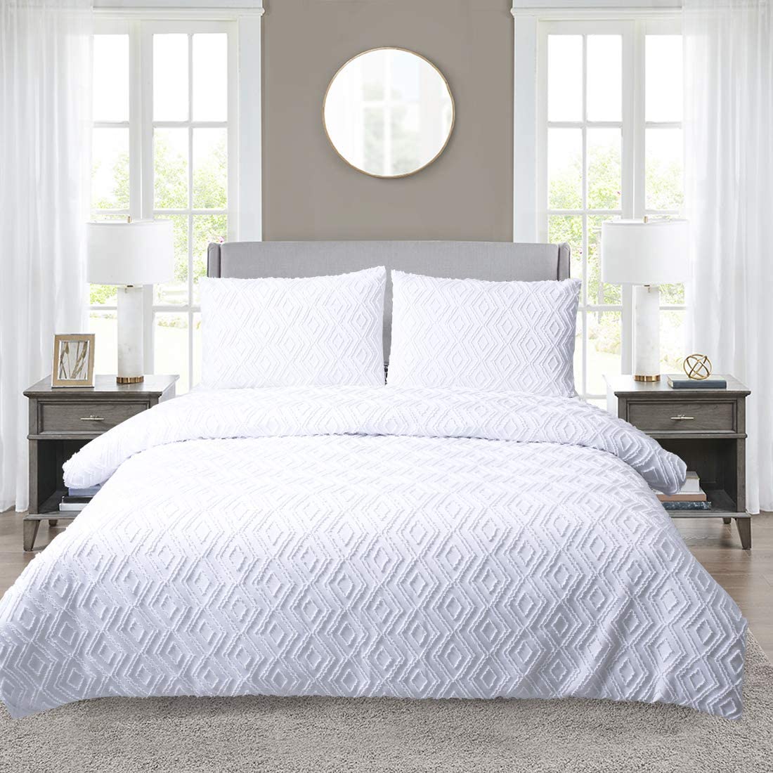 YINFUNG King Size Duvet Cover Sets White Bedding 3 Pieces Tufted Geometric Quilt Cover with 2 Pillowcases Easy Care (White King 230×220cm+50×75cmx2)