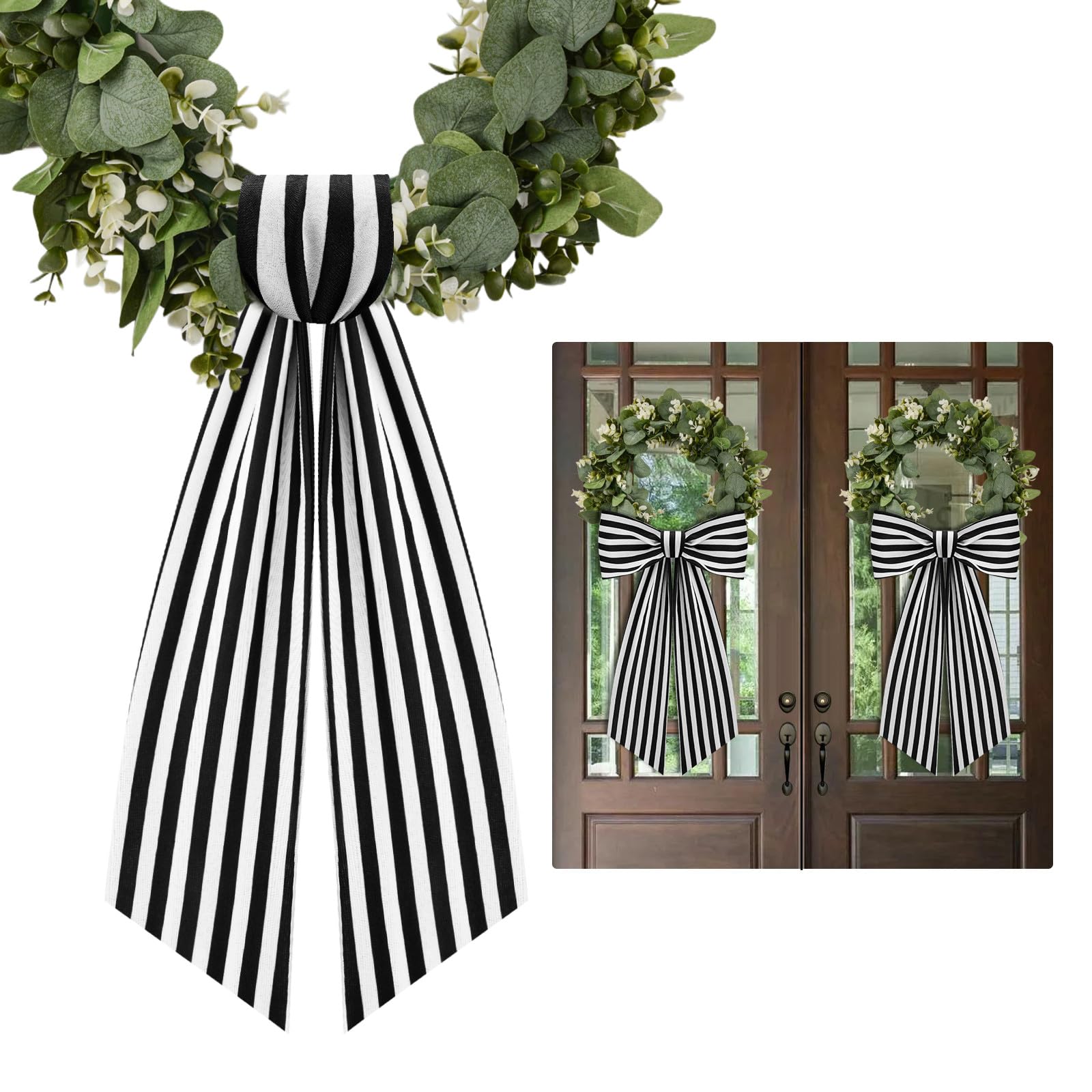 Photo 1 of 2 Pack Boxwood Wreath Sash Garland for Front Door Porch Decor (Black and White Stripe)
