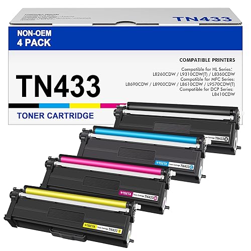 TN433 Toner Cartridges Replacement for Brother TN433 TN-433 TN 433 Compatible with Brother HL L8260CDW, L9310CDW(T), L8360CDW, L8690CDW, L8900CDW, L8610CDW, L9570CDW(T), L8410CDW (High Yield, 4 Pack)