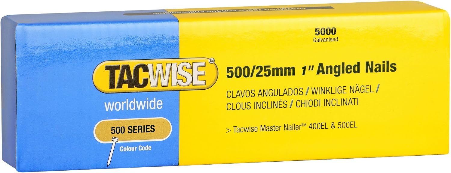 Tacwise 0824 Type 500 (18G) / 25 mm Galvanised Angled Brad Nails for 400ELS, 26° Incline, Pack of 5,000, Silver, 25mm