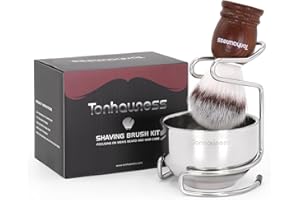 Tonhawness Shaving Brush Kit for Men, 3 in 1 Shave Brush Set Includes Nylon Bristle Shaving Brushes, 3 Layers Stainless Steel Shaving Bowl and Stand Holder kit for Wet Shave Gift