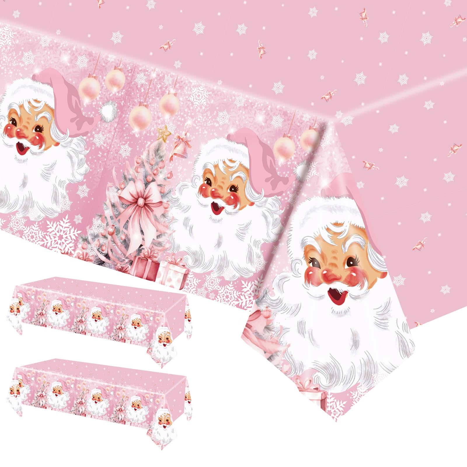 POPOYU 2Pcs Christmas Table Cloth,137*274cm Large Pink Rectangular Christmas Table Cloth,Pink Santa Claus Xmas Dinner Table Cover,Merry Christmas Tablecloth for Winter Holiday Christmas Party Supplies