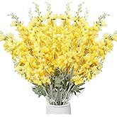 Thiccywoov 12 Pcs Delphinium Artificial Flowers, 33.5'' Long Stem Lifelike Faux Silk Flower Fake Look Real Bouquet for Tall Vase DIY Wedding Party Home Kitchen Arrangement Decor(Yellow)