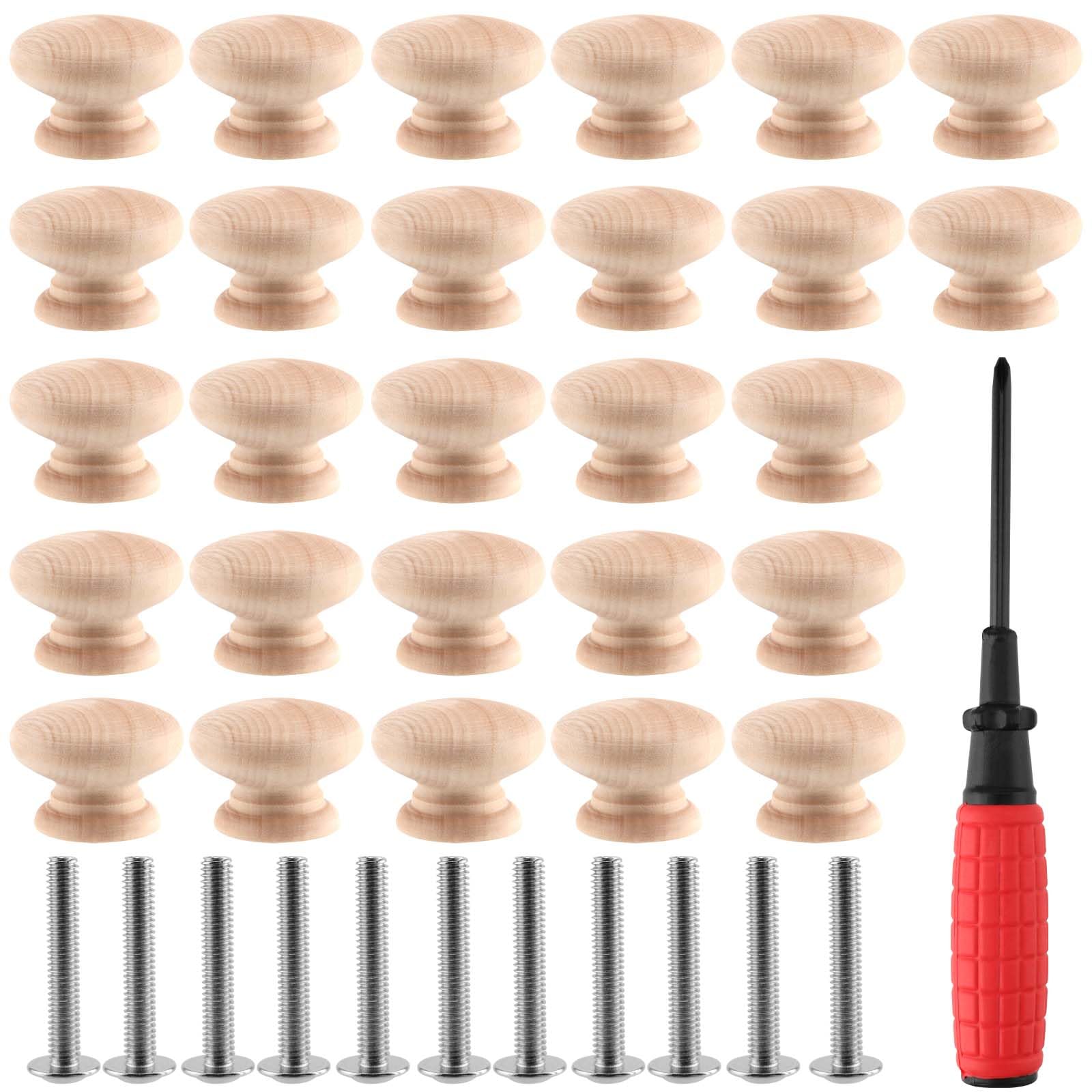 LEXININ 30 Pcs 35 x 25mm Wooden Door Mushroom Knobs, Round Wooden Drawer Handles, Wood Cupboard Knobs with Screws and Mini Screwdriver