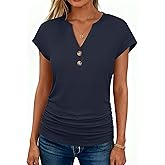 ANRABESS Womens Cap Sleeve Henley Shirts V Neck Ruched Side Top 2026 Summer Dressy Work Blouse Business Casual Outfits