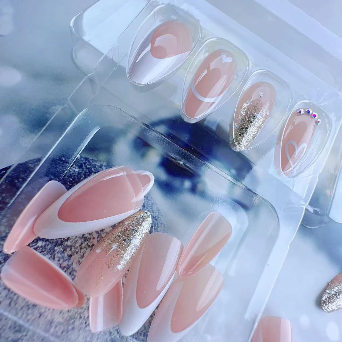 24PCS Valentines Day Press on Nails with White French Valentine's Love Heart Sparkling Glitter Heart False Nails Design Press ons Medium Almond Rhinestone Nails Valentine's Day for Women Girls - Image 2