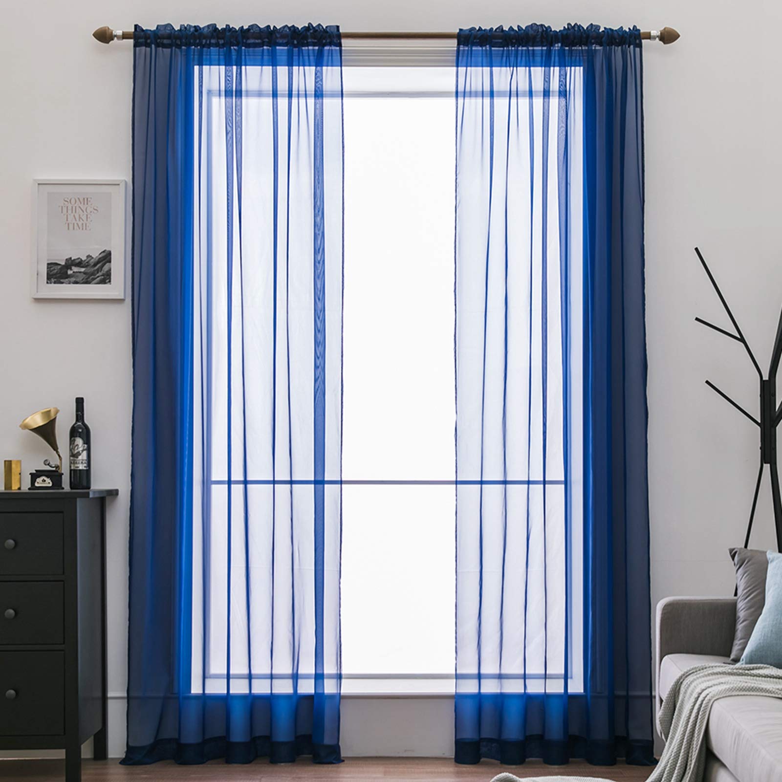 MIULEE 2 Panels Solid Color Sheer Window Curtains Smooth Elegant Window Voile Panels/Drapes/Treatment for Bedroom Living Room Dark Blue 55" Wx96 L, Rod Pocket โ image 1