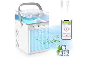 ELLASSAY Mini Air Conditioner with APP, 4 IN 1 Portable Air Cooler, 3 Speeds Air Cooler Fan, Air Cooler for Room, Car, Office, Camping, 2000mAh Battery Powered & Type-C Rechargeable White