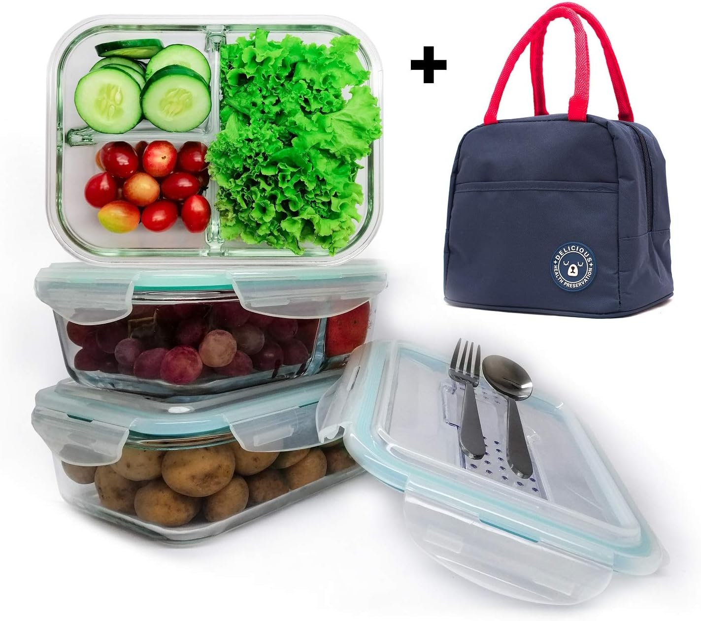 Best Offer- Food Storage Set - Meal Prep Container Set - 12pcs Set (3 Food Containers w/Cutlery Set) with Kids Insulated Lunch Bag | Bento Lunch Box compartments | Glass Lunch Box | bento Box