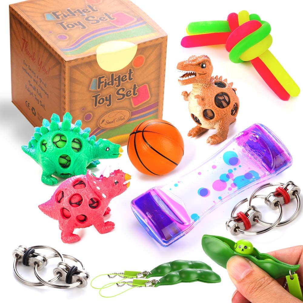 OBEDA Sensory Toys for Autism, ADHD, Stress Relief, Anti-Anxiety. Fidget Toys Set for Kids and Adults. Liquid Motion Timer, Dinosaur Squeeze Balls, Flippy Chain and More