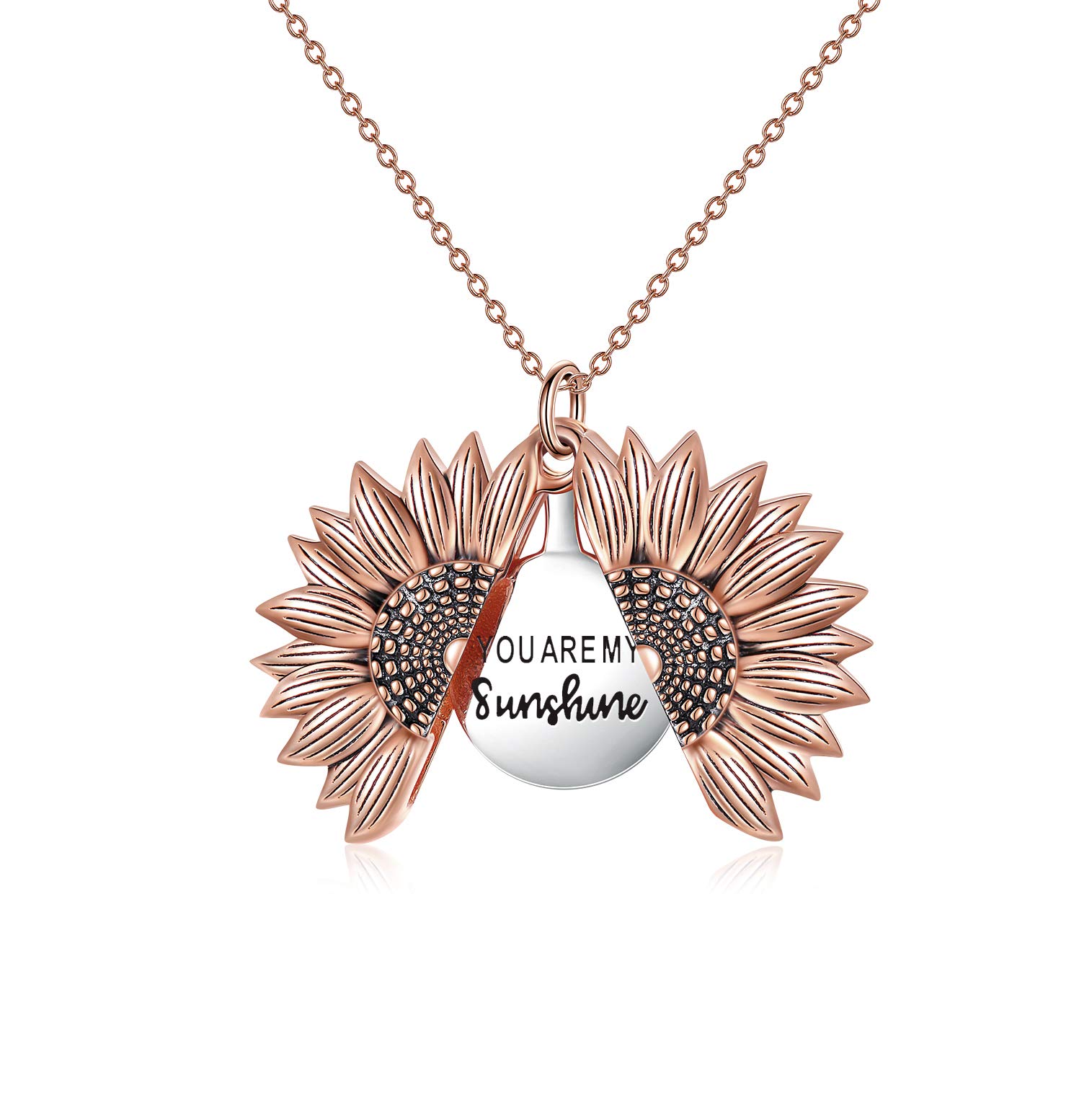 VONALA Sunflower Necklace for Women You are My Sunshine Engraved Locket 925 Sterling Silver Necklace (Rose Gold Plated)