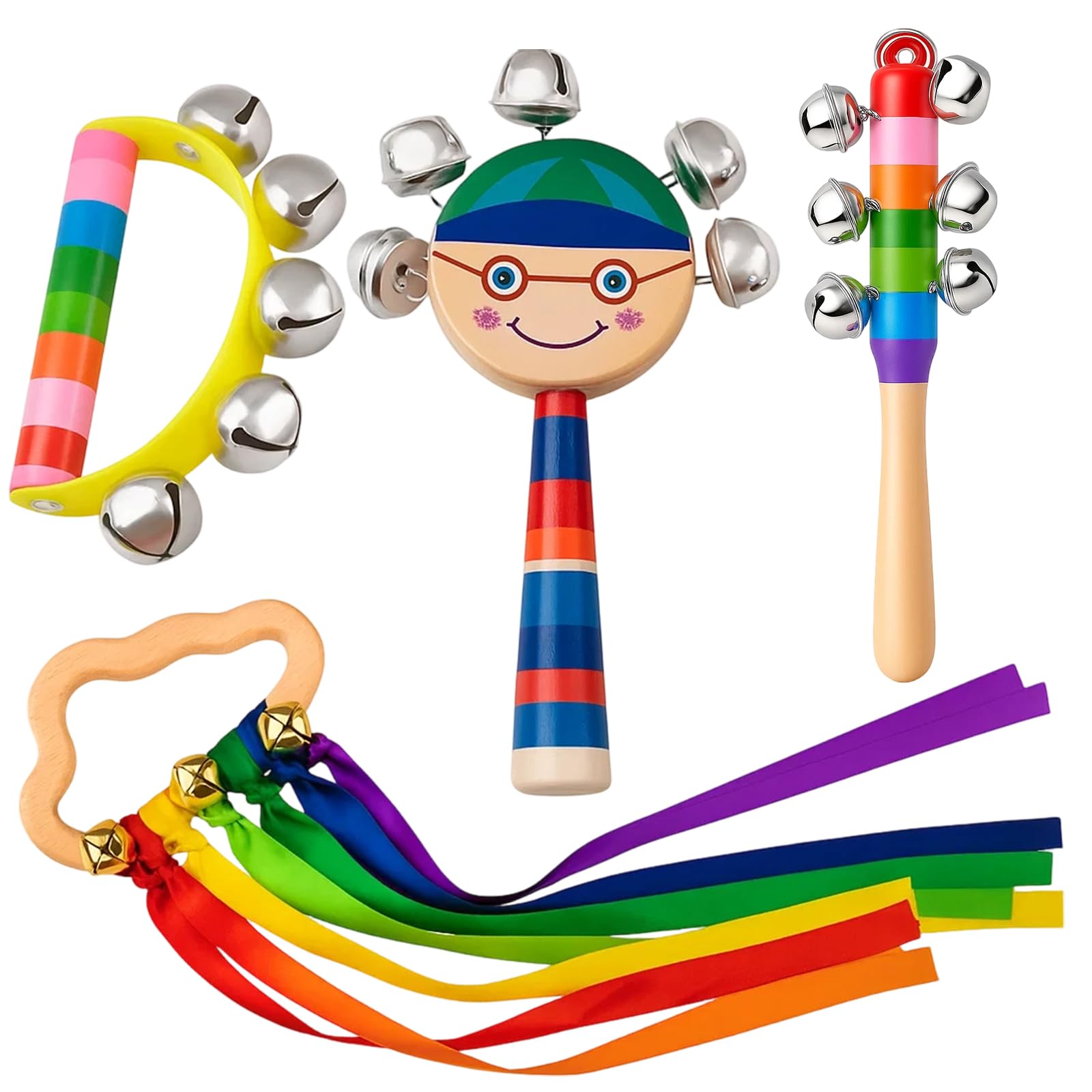 Tambourine for Kids, 4-Piece Musical Instruments Set with Hand Bell, Tambourine, Baby Ribbon Toy Sensory, Wooden Musical Instruments for Toddlers