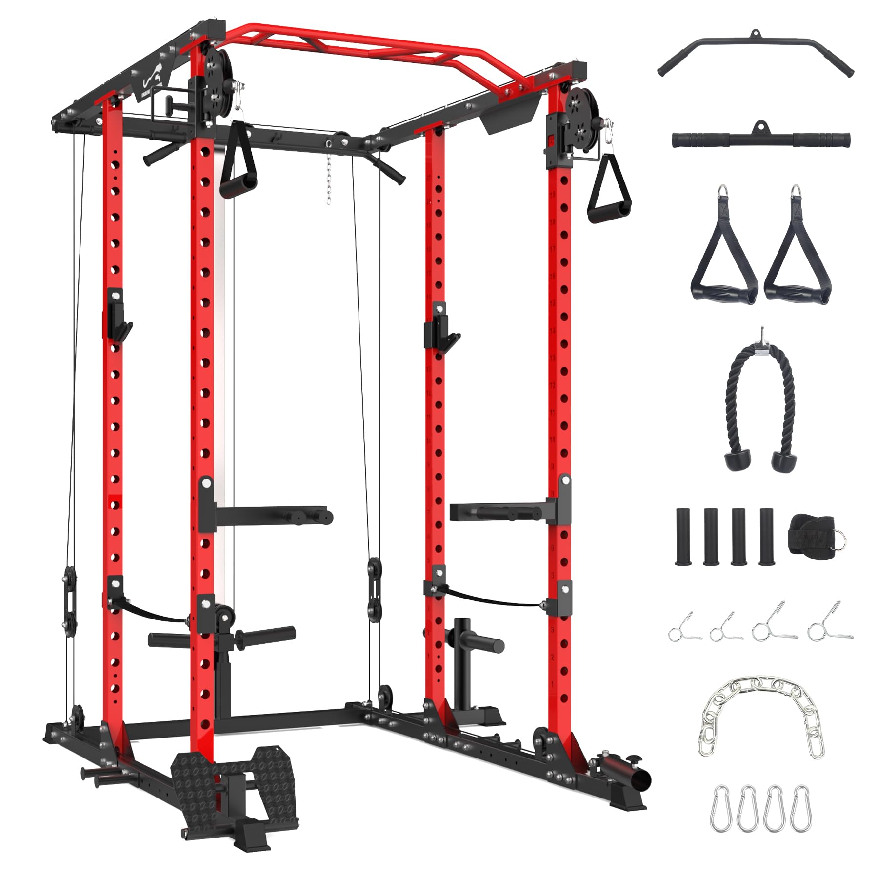 Photo 1 of ** USED** GaveeLife Power Cage, 2000 LBS Power Rack with Cable Cross-Over System, Multi-Functional Strength Training Squat Rack with LAT Pull Down System, Home Gym Equipment with Training Attachment, Red