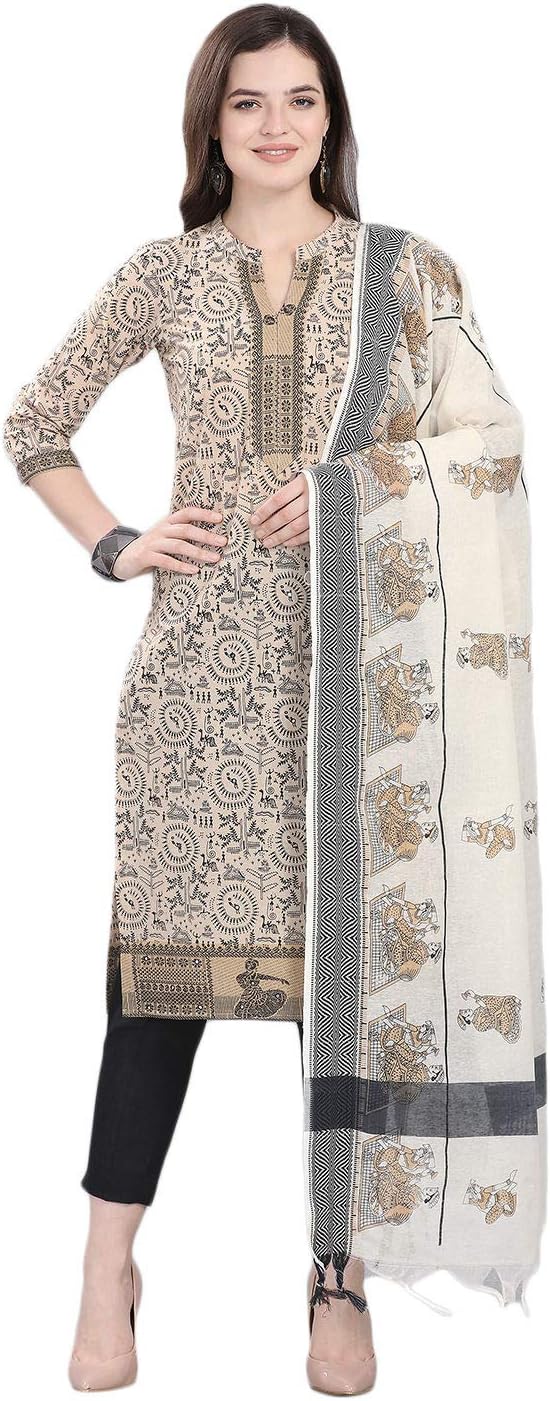 Women's Pure Cotton Warli Print Dress Material with Mirror Work (Aarambh-390002_Beige & Black_Free Size)