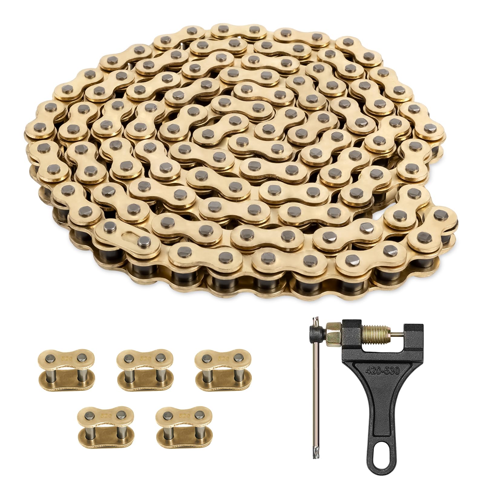 Photo 1 of Belleone 520 Gold Motorcycle Chain 120 Links with Chain Breaker, 520 Standard Roller Chain with 5 Connecting Master Links