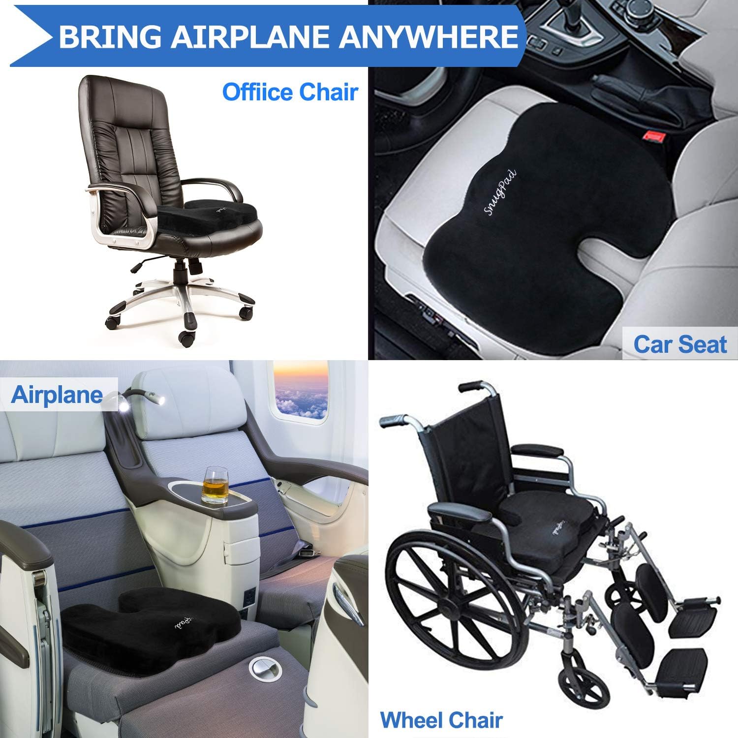SnugPad Memory Foam Seat Cushion,Non-Slip Orthopedic Memory Foam Coccyx Cushion Designed for Sciatica & Back, Hip, and Tailbone Pain Relief, Fits Office Chair, Wheelchair ,Car Seat Cushion.Black: Home & Kitchen