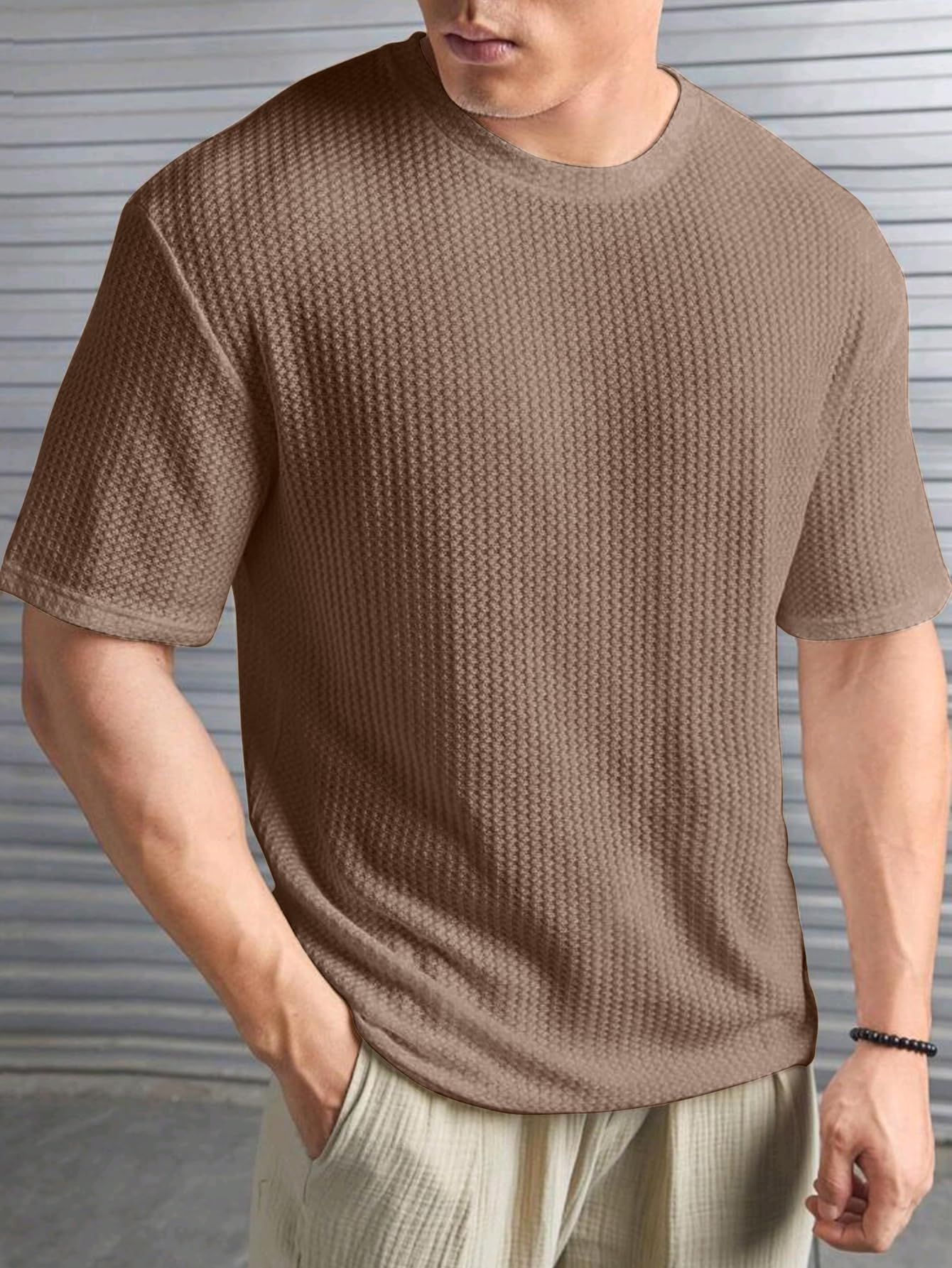 Photo 1 of Men's Waffle Tops T-Shirt Short Sleeve Casual Crew Neck Loose Brown