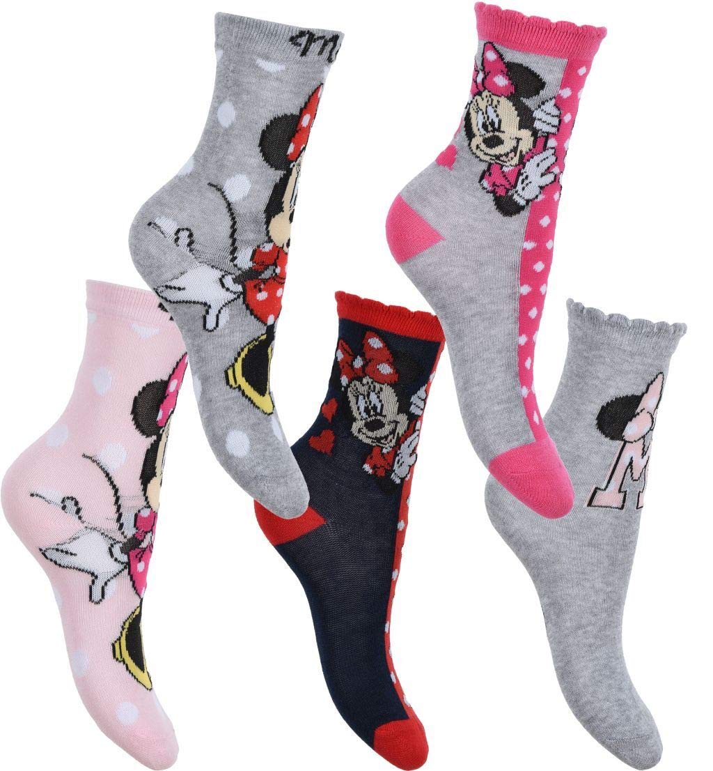 5 Pairs Disney Minnie Mouse Frozen Princess Original Girl's Crew Standard size Cotton Rich Socks Set 5-Pack 70% Cotton - 6 Child - 2 UK Size