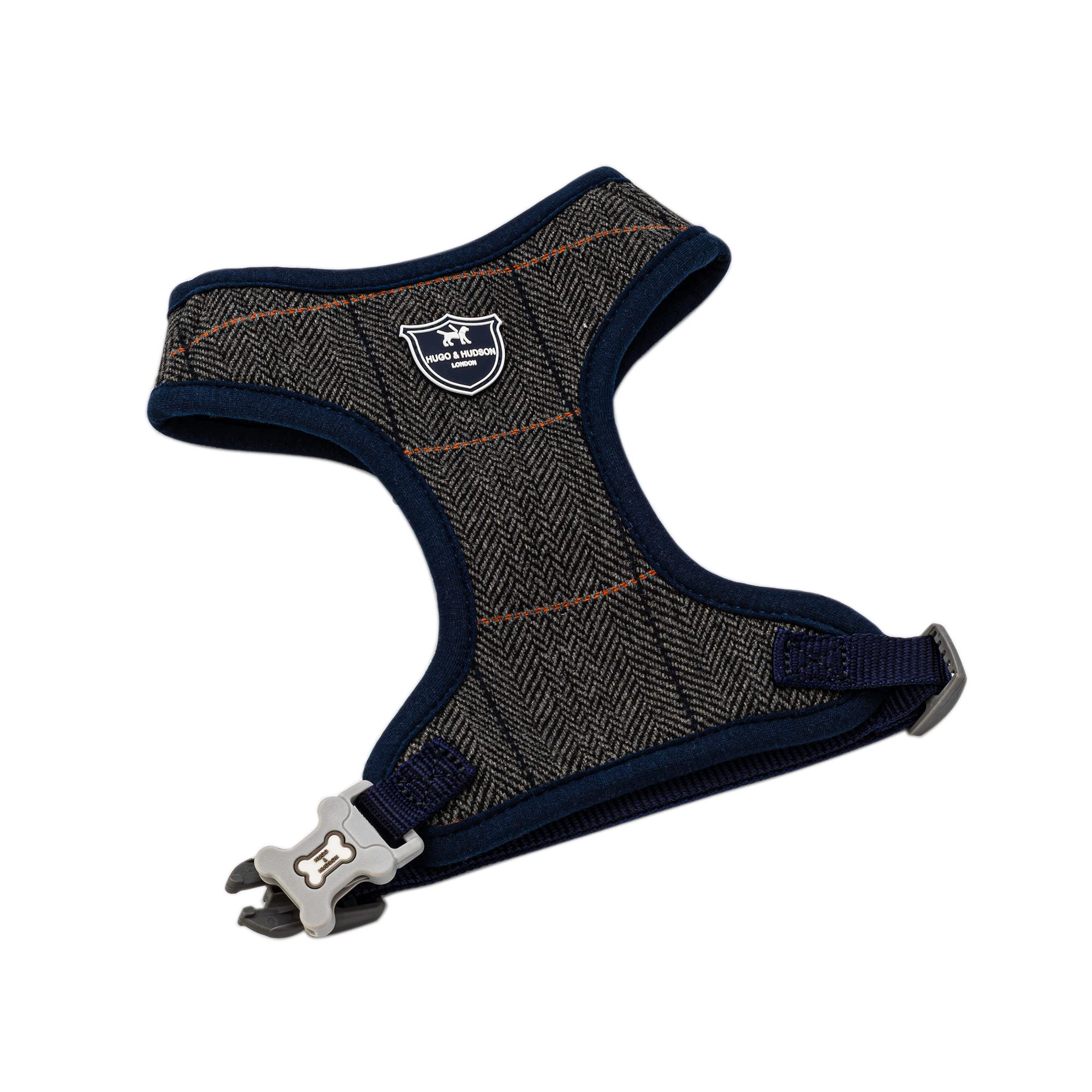 HUGO & HUDSON Tweed Dog Harness No Pull Adjustable Rear Buckle Vest, Grey Checked Herringbone, XS