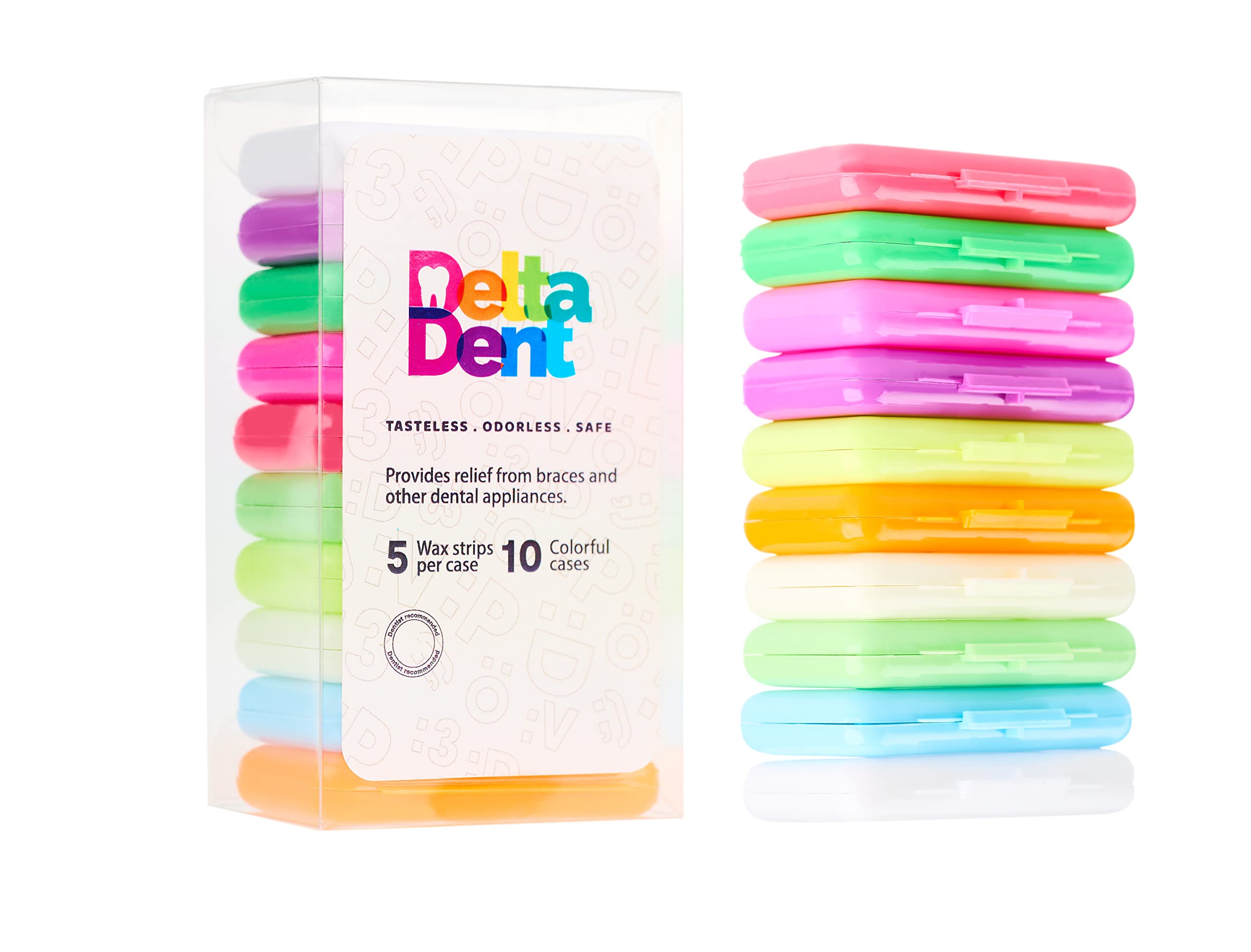 DeltaDent - Premium Orthodontic Wax 10 Pack: 50 Unscented & Flavorless Wax Strips in Colour Cases for Braces