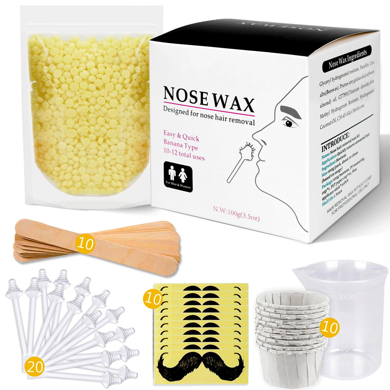 Nose Wax Kit for Men and Women, Nose Hair Removal Wax with 100g Nasal Hair Wax 20 Safe Tip Applicator, 10 wooden Applicators,10 Containers and 10Moustache Stencils As a Christmas Gifts — image 1