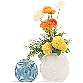 Coastal Vase Set of 2 - Seashell Decor Centerpiece for Shelf & Coffee Table, Blue and White Modern Ribbed Ceramic Flower Vase Home Accents with Shell Design, Beach Decor