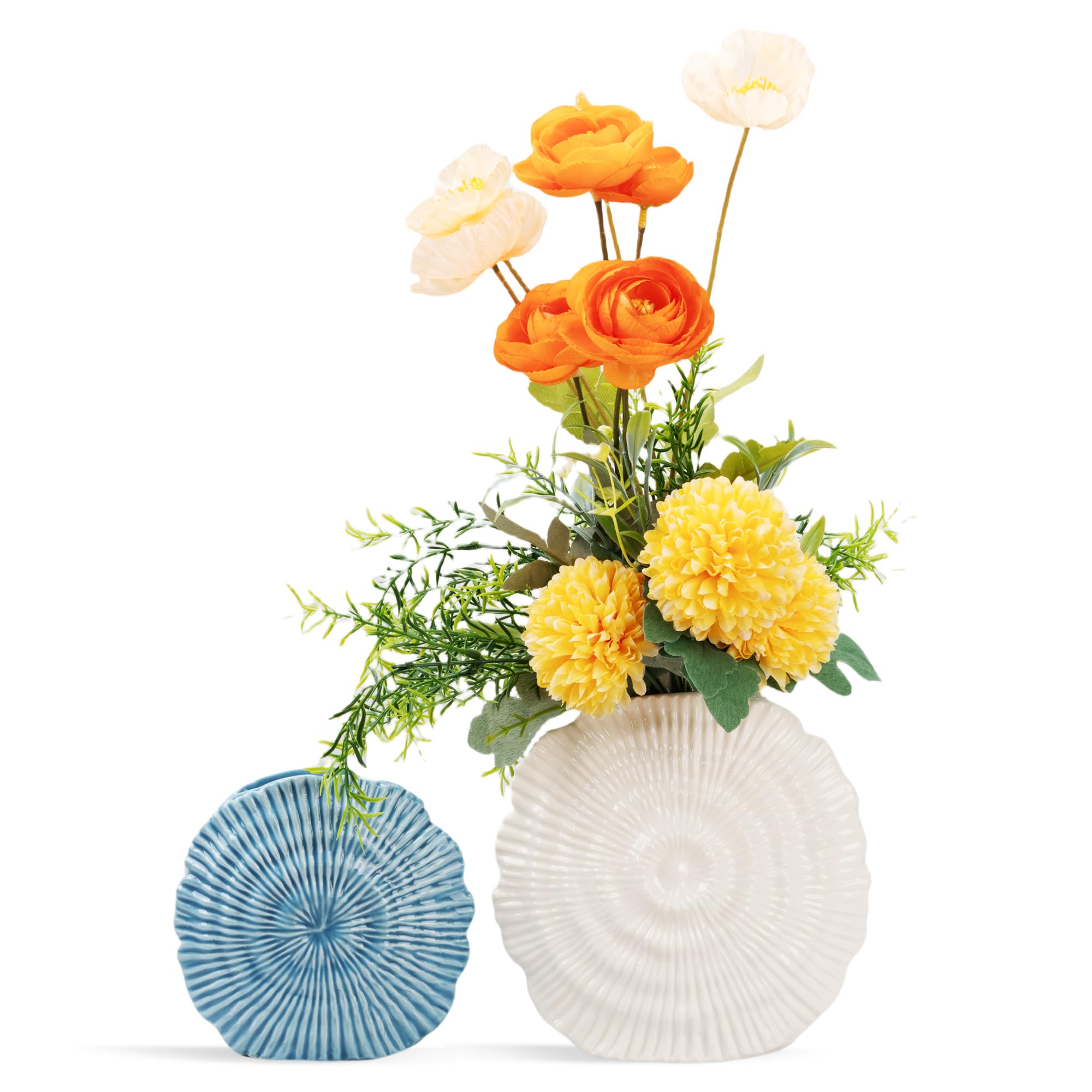 Coastal Vase Set of 2 - Seashell Decor Centerpiece for Shelf & Coffee Table, Blue and White Modern Ribbed Ceramic Flower Vase Home Accents with Shell Design, Beach Decor