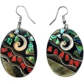 Swimmi Oval Paua Abalone, Red Coral & Mother of Pearl Earrings, Dangle Drop Seashell Fashion Jewelry DA117