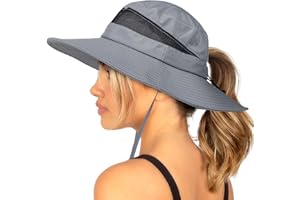 SHINCHIC Waterproof Bucket Sun Hat for Women Wide Brim Breathable Mesh UPF50+ Safari Hat Criss Cross Ponytail Hole Outdoor Rain Hat