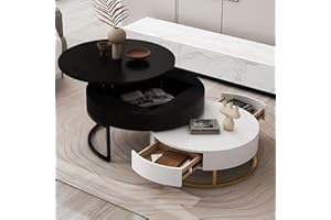 FLIEKS Modern Round Lift-top Nesting Coffee Tables with 2 Drawers White & Black