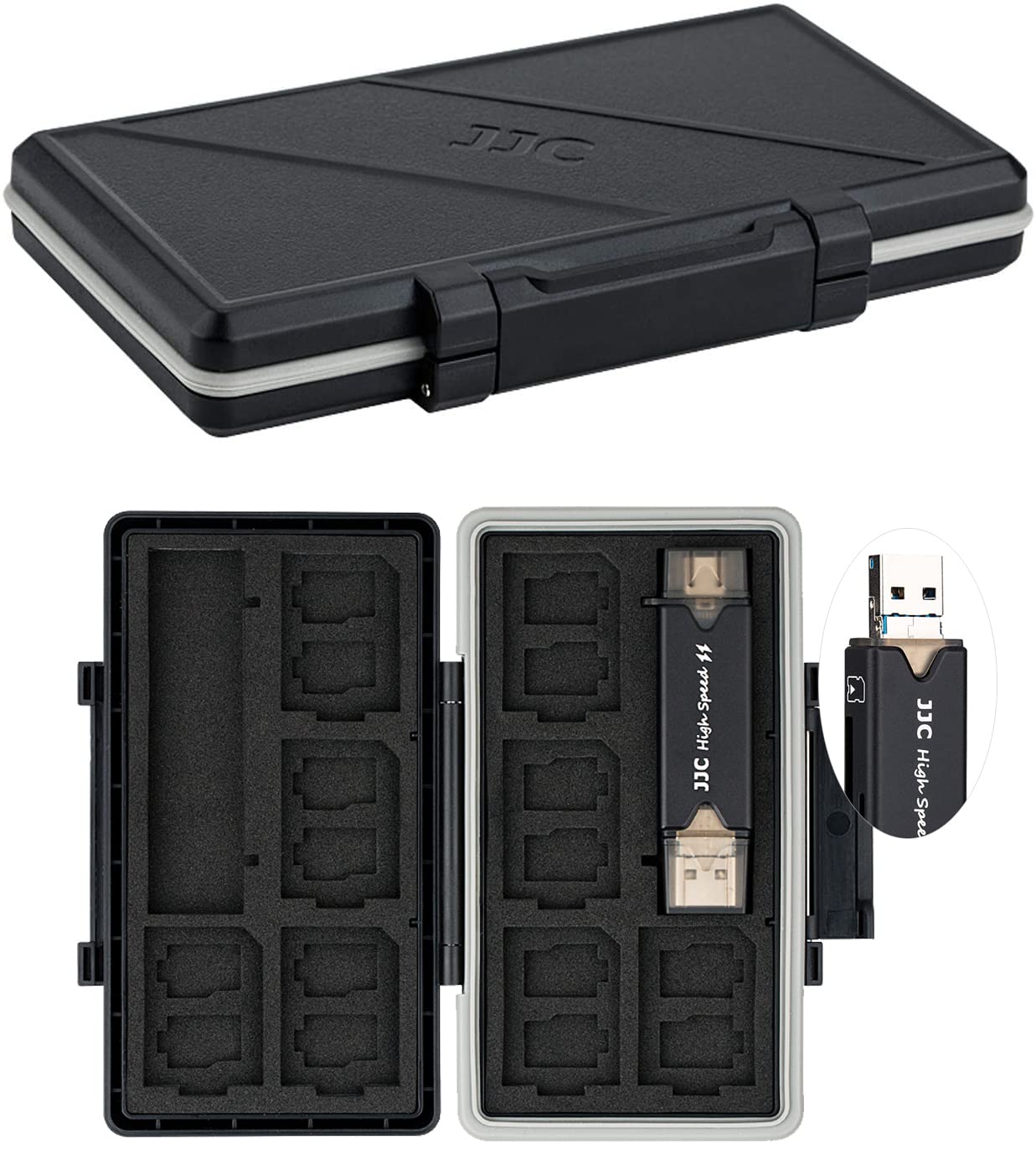 JJC 25-Slot Water-Resistant Memory Card Case With USB 3.0 Reader for Micro SD SDXC SDHC and SD Cards - Anti-Shock Portable Storage Wallet