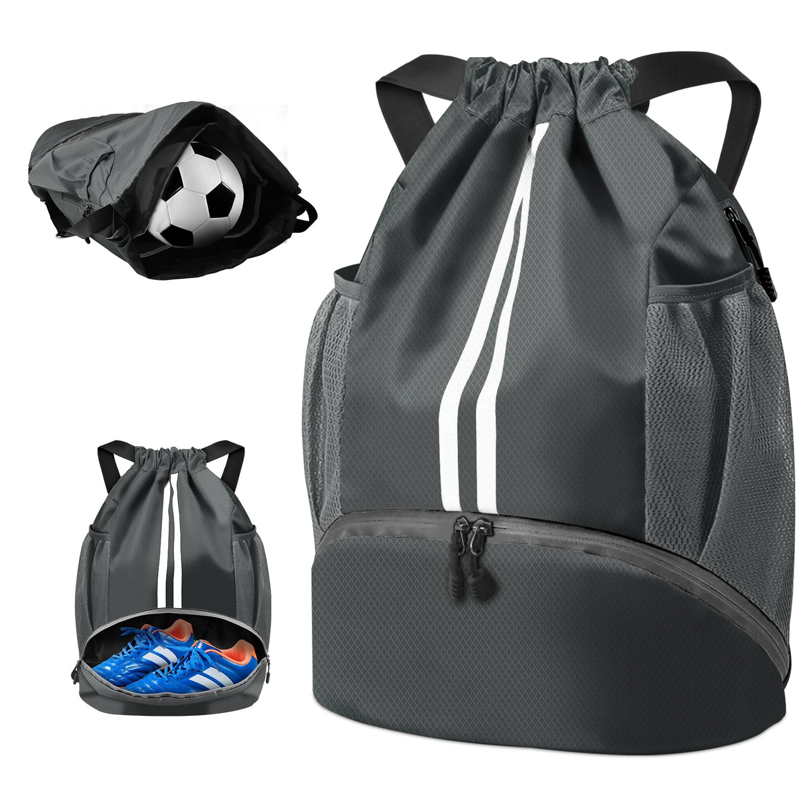 BROTOU Unisex Drawstring Backpack, Waterproof Gym Bag, Large Oxford PE Pack, Students School Backpack, Durable Sports Ball Bag, with Shoe Bag (A, Dark Grey)