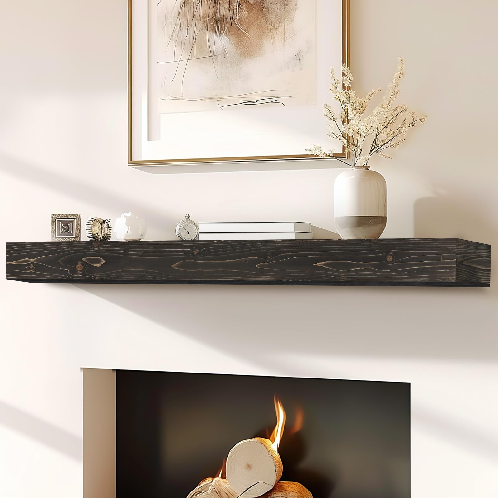 Photo 1 of ABSWHLM 60x8x3 Fireplace Mantel - Handcrafted Hollow Rustic Solid Wood Wall Mounted Floating Shelf with Invisible Heavy Duty Wood Bracket (Weathered Black)