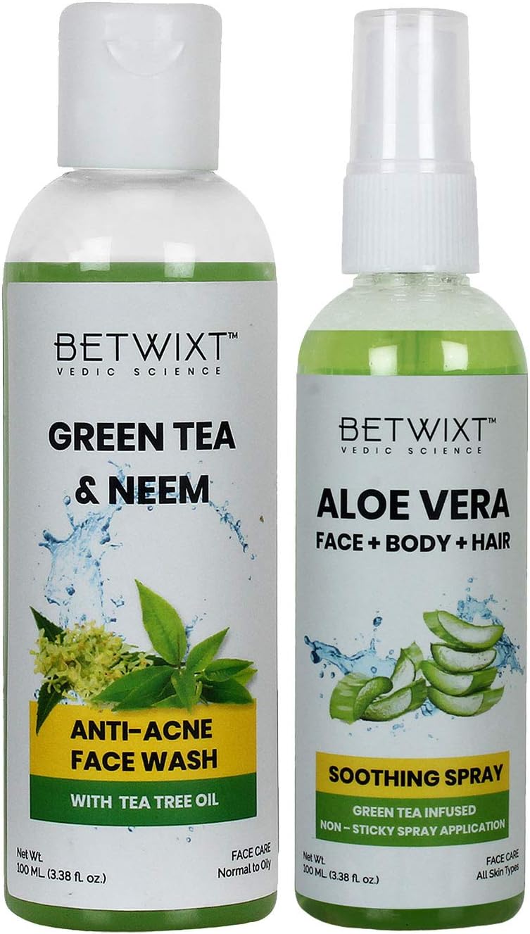 Betwixt Aloe Vera & Green Tea After Sun Care Set | Pore Cleaner & Skin Hydration | Acne Face Wash (100 ml) & Soothing Aloe Vera Spray (100 ml) | | Oily/Normal Skin | Paraben & SLS Free