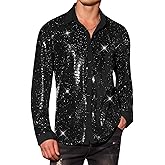 Lars Amadeus Sequin Shirts for Men's Long Sleeves Button Down Disco Party Metallic Shiny Shirts