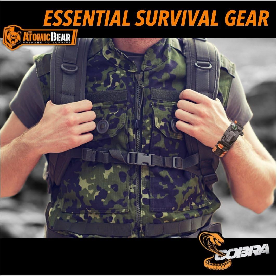 Atomic Bear Paracord Bracelet (2 Pack) – Adjustable Size – Fire Starter – Loud Whistle – Emergency Knife – Perfect for Hiking, Camping, Fishing and Hunting – Black & Black+Orange : Sports & Outdoors