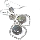 Sterling Silver Labradorite Earrings Marquise Hammered Hoops Gray Gemstone Dangles