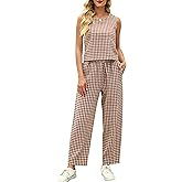 Tanming 2 Piece Sets for Women Summer Gingham Plaid Tank Top Crop Pants Travel Vacation Beach Lounge Sets